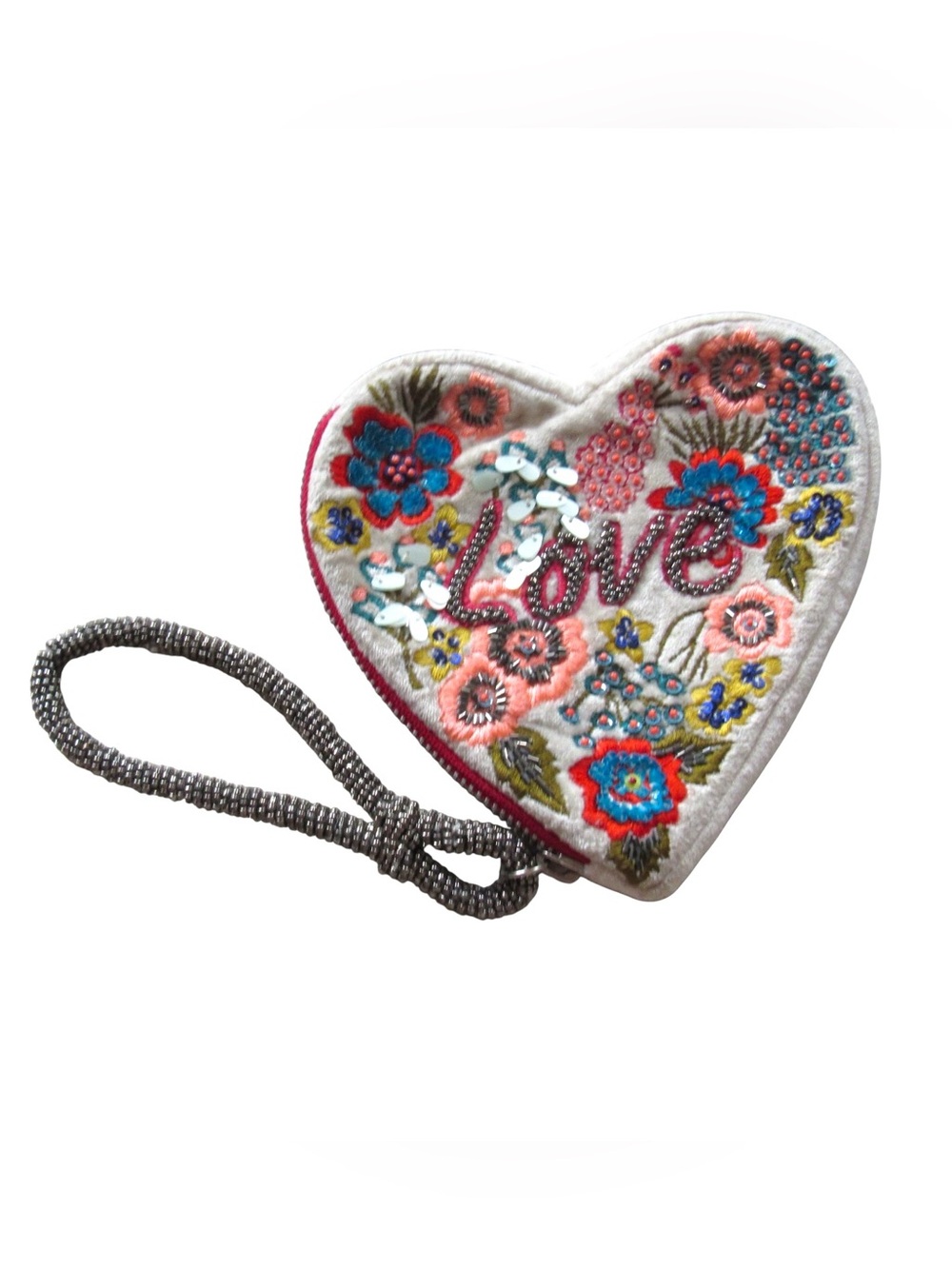 Embroidered Heart Floral Wristlet Love Beaded Sequin Zip Closure Boho Colorful
